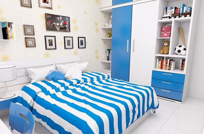 Phòng ngủ nổi bật với mảng xanh da trời, tô nét sinh động cho căn phòng.