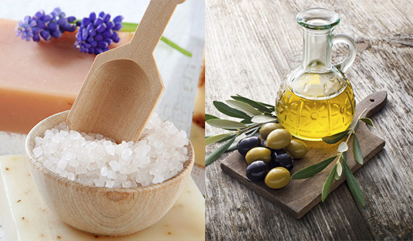 Bạn cần trộn muối biển với dầu ô liu để tẩy tế bào chết hoặc điều trị tình trạng cháy nắng, viêm ngứa, dị ứng da. Muối biển có hàm lượng khoáng chất cao, do đó có thể nuôi dưỡng làn da rất tốt.