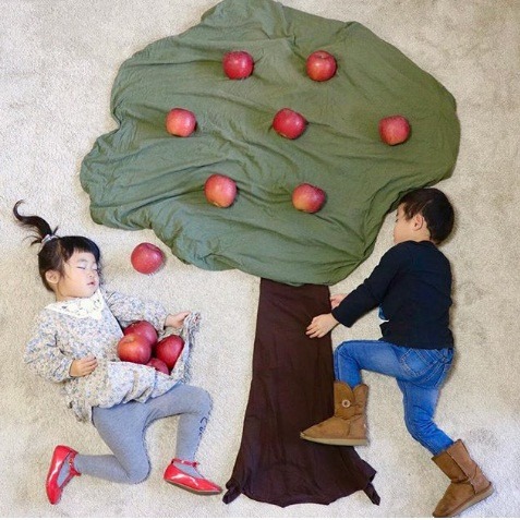 Cặp sinh đôi cùng hái táo.