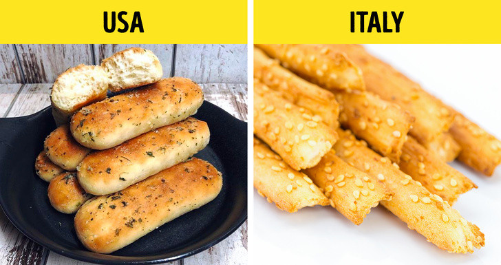Bánh mì ở Mỹ có hình tròn dài, trong khí bánh mì ở Ý có hình que nướng giòn phủ nhiều vừng.