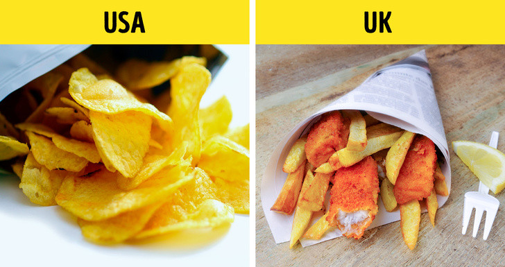 Khoai tây chiên là một trong những món ăn nhẹ nổi tiếng nhất ở Mỹ, trong khi đó, khoai tây chiên ở Anh lại ăn kèm với cá.