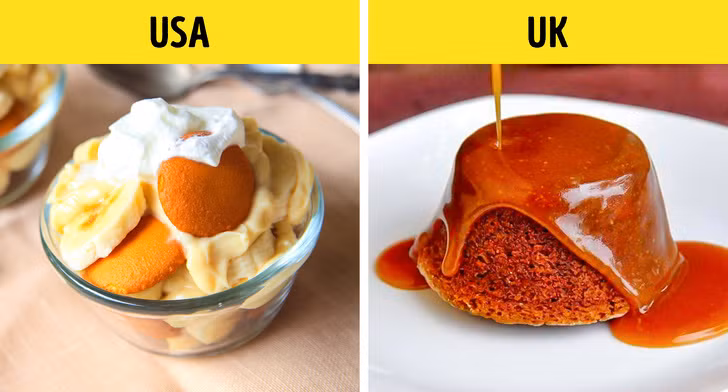  Bánh pudding ở Mỹ (trái) và ở Anh có cách thưởng thức và hình dạng khác nhau.