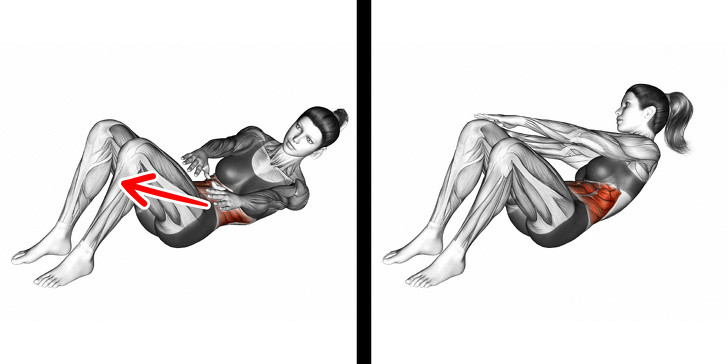 Động tác 2: Nằm thẳng và uốn cong đầu gối. Di chuyển cả hai tay về phía đùi trái với tới đầu gối của bạn. Quay trở lại vị trí ban đầu. Lặp lại động tác này ở phía bên trái của bạn. Lặp lại 10-12 lần cho mỗi bên.