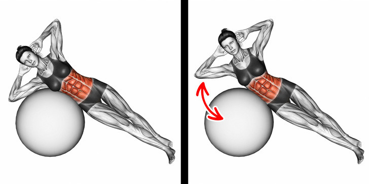 Động tác 3: Gập bụng với một quả bóng cân bằng. Nằm nghiêng với hông phải kê trên một quả bóng tập thể dục. Đặt chân trái phía sau chân phải của bạn. Đặt hai tay sau gáy, gập bụng hướng lên trên, nâng cơ thể phía trên. Từ từ trở về vị trí bắt đầu. Lặp lại 10-12 lần. Đổi bên và lặp lại 10-12 lần.