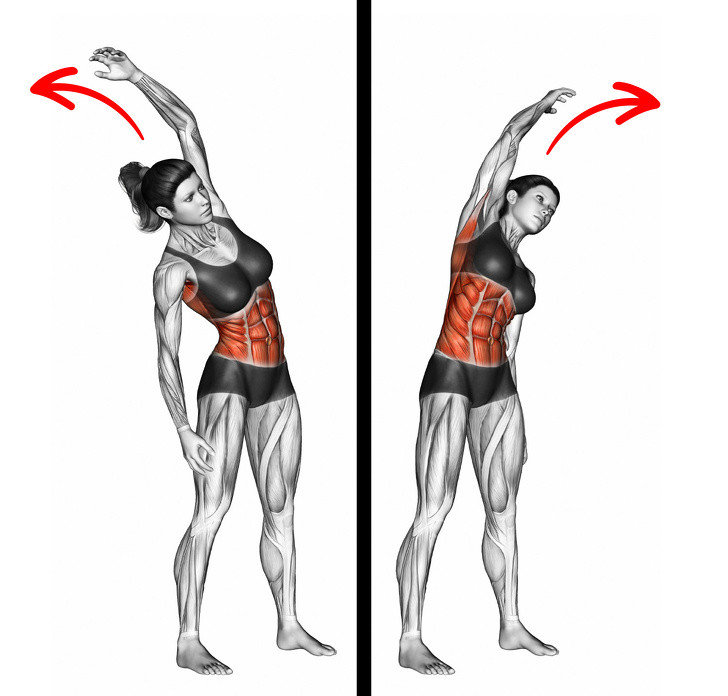 Động tác 8: Đặt hai chân rộng bằng vai, giữ hai tay bên cạnh. Nghiêng cánh tay phải sang một bên và uốn cong thân mình vài giây rồi từ từ di chuyển trở lại vị trí bắt đầu. Lặp lại ở phía ngược lại, mỗi bên 10-12 lần.