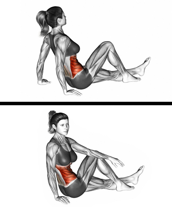 Động tác 10: Bắt đầu bằng cách ngồi trên sàn nhà. Duỗi chân trái và uốn cong chân phải, đồng thời vặn người sang phải và đưa tay trái qua đầu gối. Thực hiện tương tự với bên còn lại, mỗi bên 5 lần. Ảnh: BS.