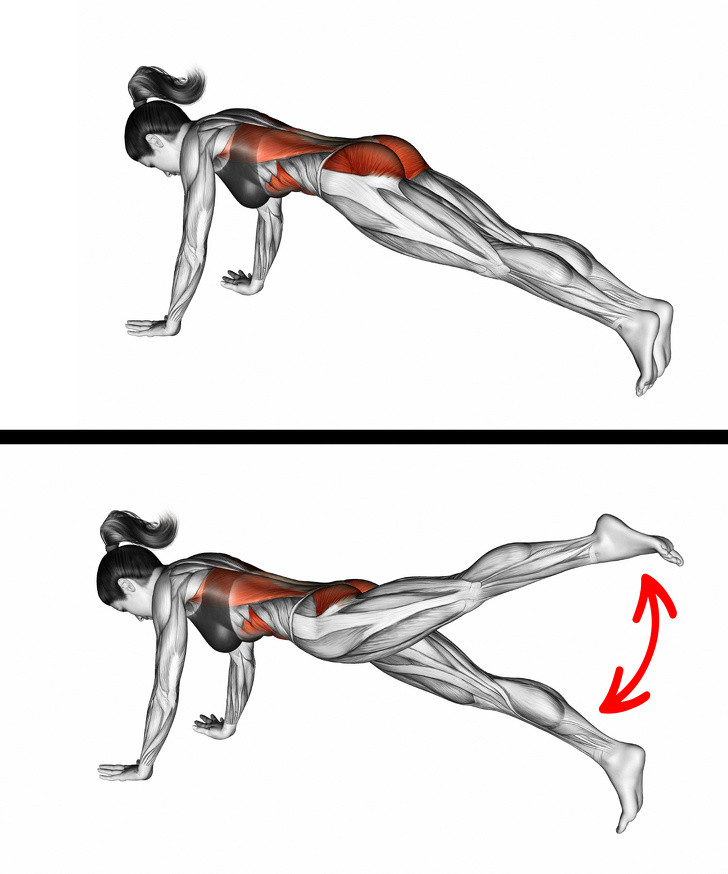 Động tác 5: Bắt đầu ở tư thế chống đẩy, từ từ nhấc chân trái lên khỏi sàn. Giữ trong 5 nhịp thở và trở về vị trí bắt đầu. Lặp lại với chân phải. Thực hiện 10-12 lần trên mỗi chân.