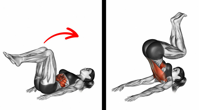 Động tác 7: Nằm xuống và đặt tay duỗi thẳng. Cong đầu gối ở một góc 90 độ, kéo chân của bạn lên ngực và nâng cả thân mình lên. Quay trở lại vị trí bắt đầu. Lặp lại 10-12 lần.