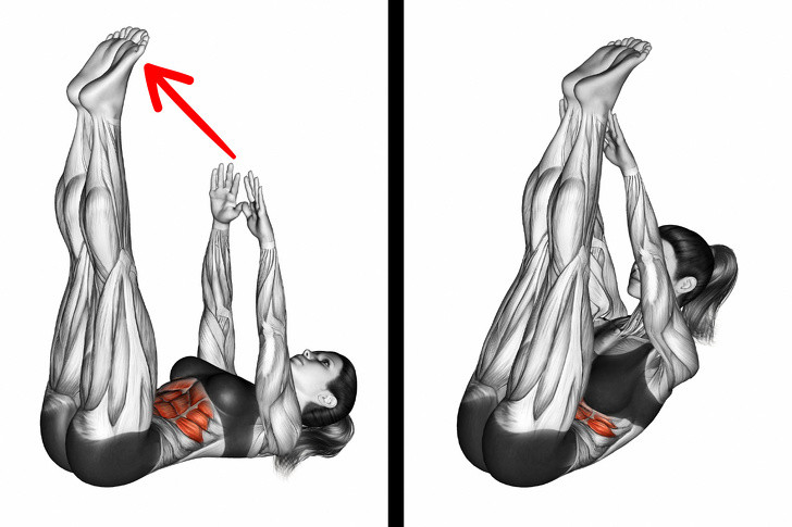 Động tác 1: Động tác đơn giản giúp chị em lấy lại bụng phẳng eo thon nhanh chóng. Nằm xuống, giữ cho chân phẳng và hai tay duỗi thẳng trên đầu. Gập bụng và nâng thân với chân lên khỏi sàn. Trở lại vị trí bắt đầu. Lặp lại 10-12 lần.