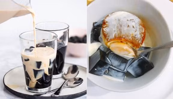 Sương sáo sữa: Trong những ngày hè nóng nực như thế thì một chén sương sáo sữa mát lạnh kèm theo nước dừa beo béo sẽ khiến bạn nhanh chóng "hạ hỏa" ngay.