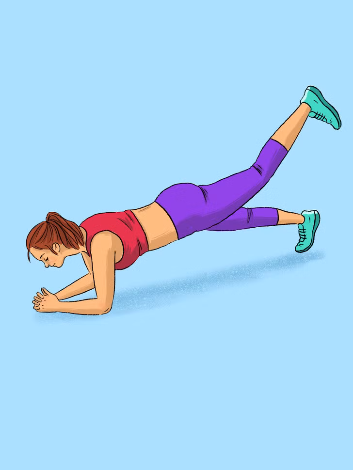 Plank một chân: Động tác này tập cho vùng nửa thân dưới. Thực hiện động tác plank với một chân giơ cao. Giữ tư thế trong 20 - 30 giây rồi đổi bên.