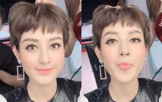 Á hậu Huyền My cũng từng thử sức với mái tóc tém nhuộm vàng nâu.