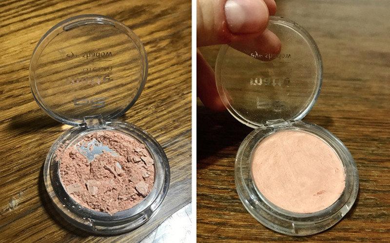 Cứu hộp phấn bị vỡ nát bằng rượu. Đổ rượu chỉ đủ ướt lớp phấn bị vỡ, rồi trộn thành bột nhão sau đó để khô và bạn sẽ có một phấn hoàn toàn mới.