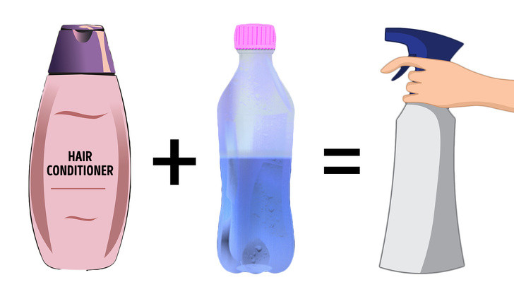 Pha dầu xả với nước theo tỷ lệ 1:1, rồi đổ vào chai xịt. Như vậy, bạn có thể xả tóc để cho óng mượt mà không cần gội đầu trước. Bạn chỉ cần xịt đều hỗn hợp này lên từng lớp tóc.