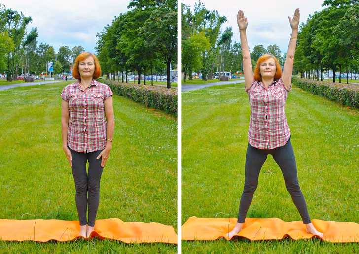 Đứng thẳng, hai chân chụm, hai tay duỗi dọc theo thân. Bật nhảy mở rộng hai chân, hai tay đưa thẳng lên cao 20 lần.