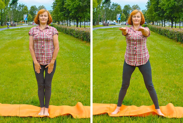 Đứng thẳng, hai chân chụm, hai tay duỗi thẳng úp lên đùi. Bật nhảy mở rộng hai chân, hai tay đưa thẳng trước ngực 20 lần.