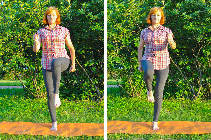 Đứng thẳng, nâng đầu gối lần lượt từng chân tạo thành góc vuông 90 độ, thực hiện mỗi bên 20 lần. Bài tập giảm mỡ thừa này sẽ phát huy tác dụng nếu bạn tập đều đặn.