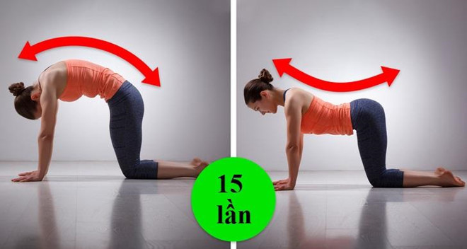 Tư thế mèo - bò: Đây là tư thế hoàn hảo để giúp lưng thẳng, kéo căng cột sống và cơ bắp cốt lõi, giảm đau mỏi vai gáy. Cách thực hiện: Quỳ và chống tay trên thảm, hai tay đặt ngay dưới vai, đầu gối, chân dang rộng bằng hông. Giữ cột sống thẳng tự nhiên, không gập cong. Tư thế con mèo: Hóp bụng, uốn cong lưng hướng lên trên, đầu cúi sát ngực, giữ trong 10 giây. Tư thế con bò: Hạ thấp lưng tạo đường cong xuống, đầu ngẩng lên, cố gắng cảm nhận áp lực ở lưng dưới. Cũng giữ tư thế con bò trong 10 giây rồi quay trở lại vị trí ban đầu. Lặp lại bài tập 15 lần.