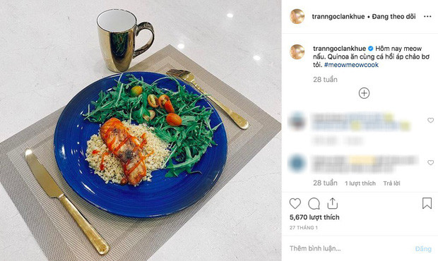 Cô từng chia sẻ trên Instagram rằng: "Mình dùng quinoa để thay cơm trắng thường ngày. Vì quinoa rất giàu chất xơ, protein, omega3, omega6, omega9, axit amin, vitamin... Thường thì mình nấu bình thường như cơm trắng ăn. Buổi sáng có thể nấu cháo diêm mạch. Thỉnh thoảng đổi vị với salad diêm mạch, sữa diêm mạch...".