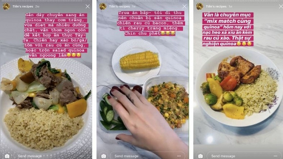 Đặc biệt, Tóc Tiên lại thích kết hợp giữa ẩm thực phương Tây với cách nấu truyền thống để làm mới những món từ hạt quinoa tưởng chừng như nhạt nhẽo trở nên hấp dẫn hơn khi chế biến với thịt bò, thịt gà, tôm, rau củ...
