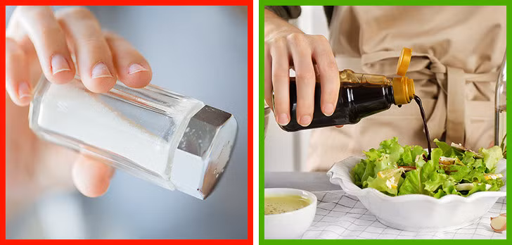 Sử dụng nước tương thay đường hay muối: Đường và muối không tốt cho sức khỏe và cân nặng, nên được thay thế bằng umami. Umami là hương vị nhẹ được tìm thấy trong nước tương, bông cải xanh, nấm và quả óc chó. Nó có ảnh hưởng nhất định đến các thụ thể não và giúp bạn cảm thấy no nhanh hơn.