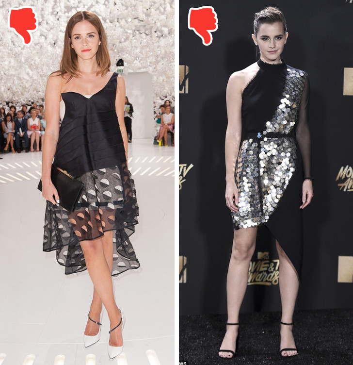 Váy có tà váy không đối xứng: Những chiếc váy có tà thấp dài sẽ khiến mọi người đổ dồn sự chú ý tới chân bạn. Sự không đối xứng trong tà váy làm cho chân bạn nhìn ngắn hơn. Những cô gái có chiều cao khiêm tốn hay trung bình nên tránh mặc loại váy này. Chân váy xẻ có thể sẽ phù hợp với bạn hơn.