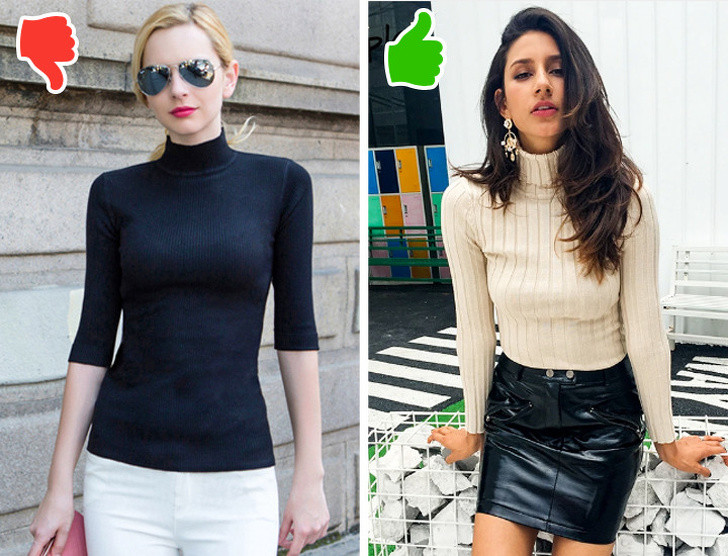 Áo len cao cổ nếu bạn không biết cách mặc cho đúng, nó sẽ làm lộ ra nhiều khuyết điểm trên cơ thể bạn. Để làm nổi bật vòng eo, bạn nên sơ vin áo len trong váy hoặc quần.