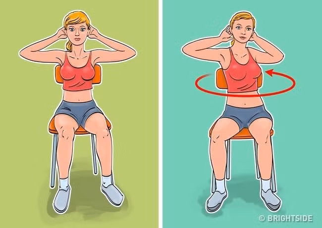 Vặn mình: Bài tập này tác động đến các cơ bụng xiên, giúp chúng khỏe mạnh hơn. Cách thực hiện: Ngồi thẳng, lưng chạm vào ghế, đặt hai tay ra sau gáy. Xoay phần thân trên sang phải, giữ trong 3 giây rồi xoay sang trái. Lưu ý giữ nguyên hông và chân. Lặp lại động tác này 10 lần.