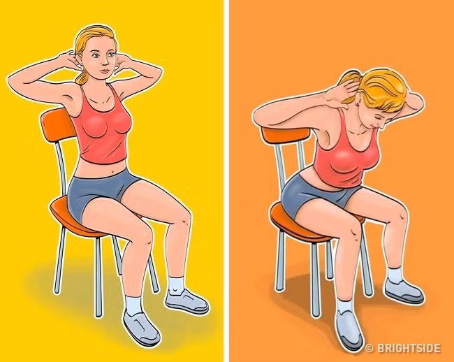 Cúi người về phía trước: Bài tập này tác động trực tiếp đến cơ bụng, làm săn chắc vòng eo. Cách thực hiện: Đặt hai tay ra sau, siết chặt các ngón tay. Từ từ cúi người về phía trước rồi quay trở lại trong khi vẫn giữ hai tay cố định sau gáy. Lặp lại động tác này 15 lần.