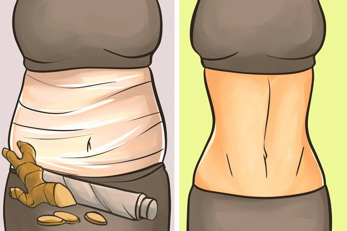 Dùng gừng cuốn bụng: Gừng có tác dụng làm nóng, tan mỡ, tăng lưu thông máu, cải thiện độ đàn hồi cho da và đánh bay mỡ thừa. Cách làm: Trộn một muỗng gừng tươi nghiền nhuyễn cùng sữa dưỡng thể tạo thành hỗn hợp dạng sệt. Ngâm khăn sạch trong nước nóng và đem đặt lên vùng cơ thể muốn giảm mỡ trong khoảng 5 phút cho mở lỗ chân lông. Thoa hỗn hợp gừng sữa lên da rồi quấn màng bọc thực phẩm để qua đêm.