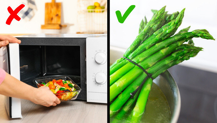 Măng tây: Nấu măng tây trong lò vi sóng là ăn sai cách ngay cả khi bạn có rất ít thời gian dành cho nấu ăn. Cách nấu bằng lò vi sóng làm cạn kiệt hàm lượng vitamin C của loại rau này do chất dinh dưỡng hòa tan trong nước. Cách lý tưởng để nấu măng tây là hấp hoặc chiên chúng.