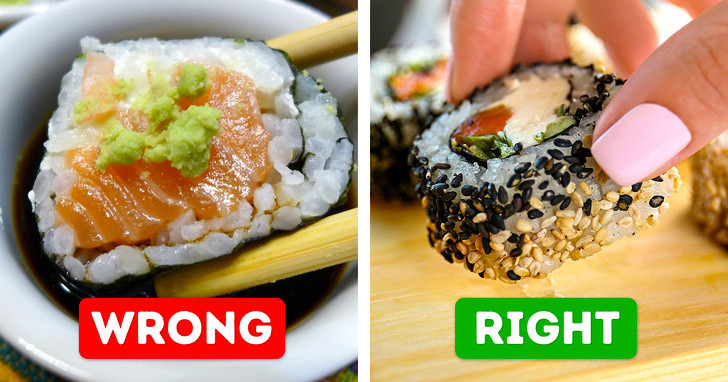 Sushi: Hầu hết mọi người ăn sushi sai cách. Bạn phải ăn sushi bằng ngón tay chứ không phải dùng đũa. Bạn cũng không nên cắn sushi làm nhiều miếng nhỏ mà nên thưởng thức cả miếng. Cách ăn sushi đúng nhất đó là hãy đặt miếng cá trên miếng cơm, cho ít mù tạt và nước tương lên phía trên miếng thịt cá, dùng tay bốc và thưởng thức. Ảnh: BS.