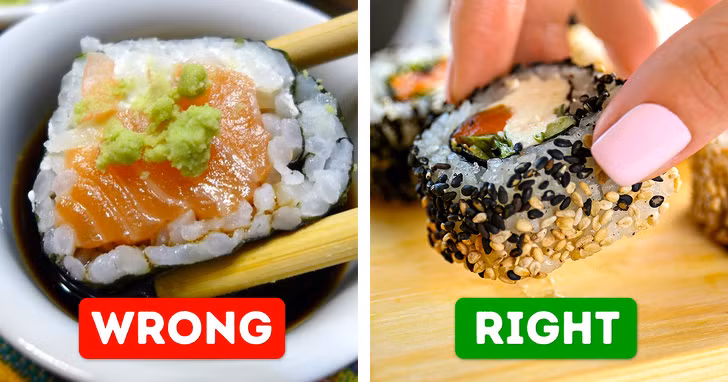 Sushi: Hầu hết mọi người ăn sushi sai cách. Bạn phải ăn sushi bằng ngón tay chứ không phải dùng đũa. Bạn cũng không nên cắn sushi làm nhiều miếng nhỏ mà nên thưởng thức cả miếng. Cách ăn sushi đúng nhất đó là hãy đặt miếng cá trên miếng cơm, cho ít mù tạt và nước tương lên phía trên miếng thịt cá, dùng tay bốc và thưởng thức. Ảnh: BS.