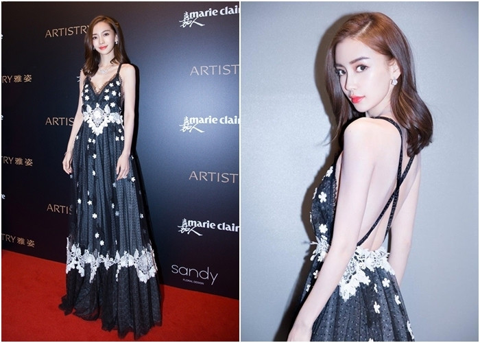Angelababy khoe lưng trần gợi cảm trong bộ đầm Dior thời thượng. Ảnh: Internet.