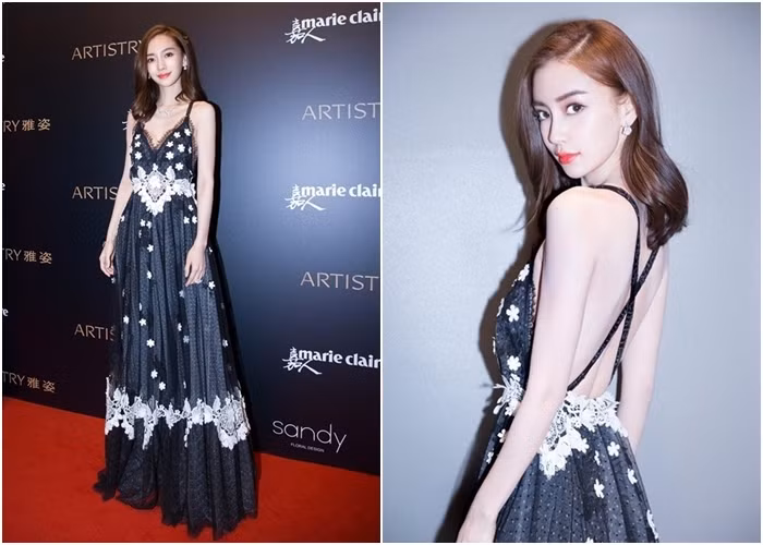 Angelababy khoe lưng trần gợi cảm trong bộ đầm Dior thời thượng. Ảnh: Internet.