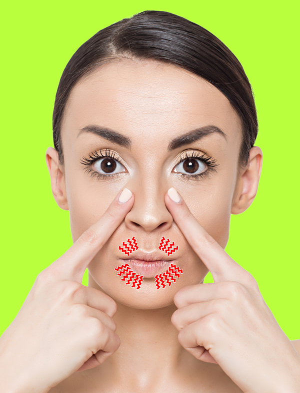 Chu miệng nhẹ, dùng hai ngón trỏ ấn lên vùng dọc sống mũi 20 lần.