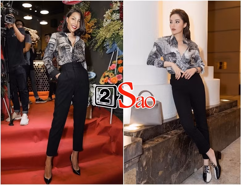 Kỳ Duyên và Minh Triệu thường xuyên mặc áo sơ mi hở nút khoe phần xương quai xanh gợi cảm.