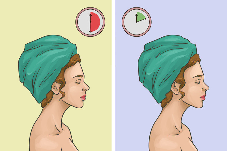 Ủ tóc trong khăn quá lâu: Sau khi gội đầu, nhiều người có thói quen ủ tóc trong khăn trong lúc dưỡng da, trang điểm. Tuy nhiên, ủ tóc quá 30 phút không tốt cho da đầu. Các chuyên gia khuyên bạn chỉ nên để khoảng 10 phút rồi sấy khô tóc.