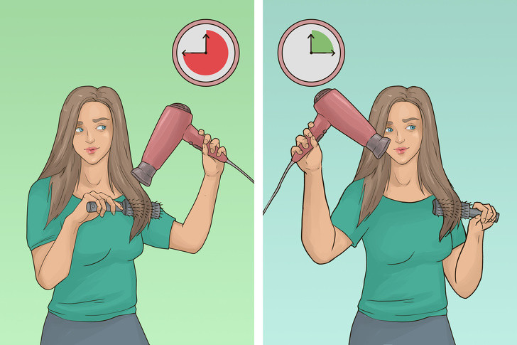 Cầm máy sấy sai tay: Nhiều người dùng tay thuận cầm máy sấy và dùng tay còn lại để tạo kiểu tóc. Các chuyên gia tạo mẫu tóc thì ngược lại. Họ dùng tay thuận để tạo kiểu tóc và dùng tay còn lại cầm máy sấy, di chuyển theo hướng cần thiết.