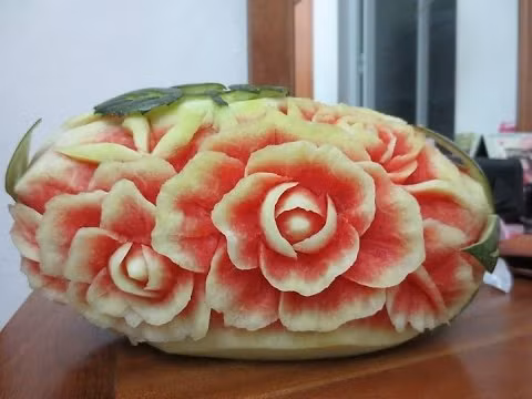 Nếu khéo tay hơn, bạn có thể tỉa dưa hấu thành hình bông hoa để trang trí mâm cỗ Trung thu cho bé.