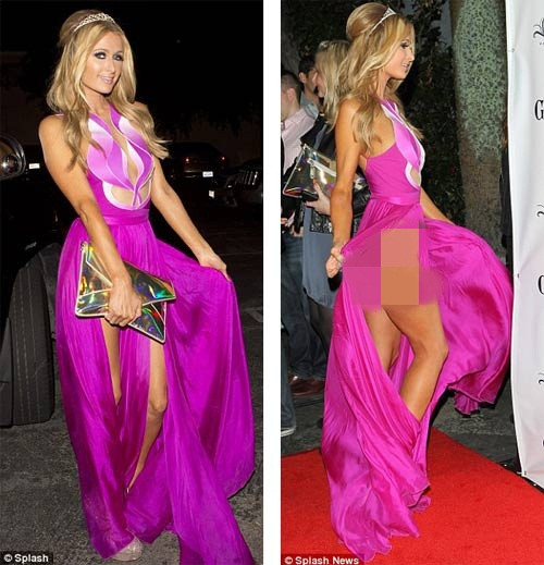 Khi mặc váy xẻ cao, Paris vô tình để lộ cả vòng ba và những vùng nhạy cảm trước ống kính.