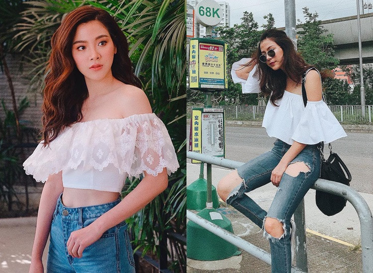 Các mẫu áo trễ vai hở rốn được người đẹp phối cùng quần jean đầy gợi cảm và năng động.