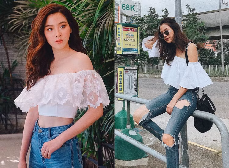 Các mẫu áo trễ vai hở rốn được người đẹp phối cùng quần jean đầy gợi cảm và năng động.