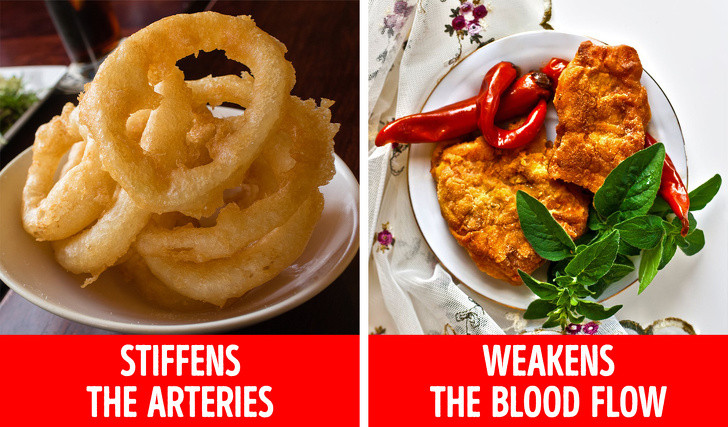 Chất béo chuyển hóa làm suy yếu lưu lượng máu đến da: Chất béo chuyển hóa có thể được tìm thấy trong thức ăn nhanh, đồ chiên rán, bơ thực vật... Những thực phẩm này không chỉ làm tăng nguy cơ phát triển bệnh tim, mà còn làm cứng động mạch hoặc co thắt các mạch máu. Điều này làm suy yếu lưu lượng máu đến da và gây ra lão hóa nhanh và nếp nhăn. 