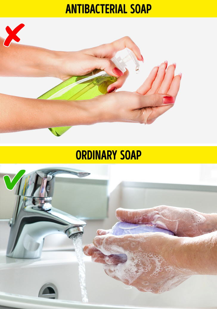 Sản phẩm có đặc tính kháng khuẩn: Nhiều nhà sản xuất sản phẩm kháng khuẩn sử dụng một nguyên tố gọi là triclosan trong các sản phẩm của họ. Triclosan không chỉ có hại cho môi trường mà còn cho sức khỏe của chúng ta. Các nghiên cứu đã chỉ ra rằng các sản phẩm có chứa triclosan (có thể là dầu gội, kem đánh răng và nay cả mỹ phẩm) gây ung thư gan ở chuột.