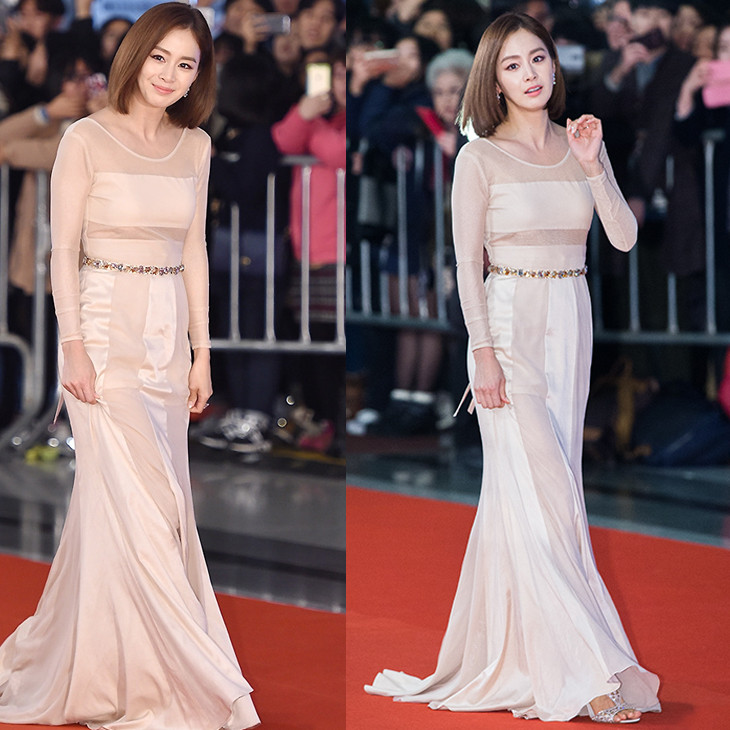 Kim Tae Hee mặc chiếc váy màu sữa xuất hiện dịu dàng trên thảm đỏ.