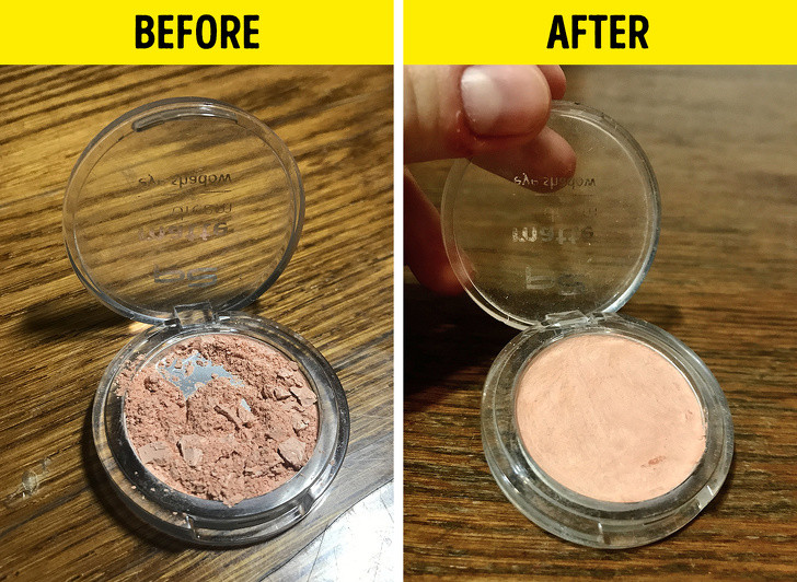 Nếu vô tình làm rơi vỡ hộp phấn mắt, phấn phủ… bạn đừng vội vứt bỏ chúng. Hãy thử cho một tẹo cồn vào, sau đó trộn và miết nhẹ cho phấn trở lại trạng thái ban đầu. Đừng quên mở nắp cho cồn bay hơi. Ảnh: BS.