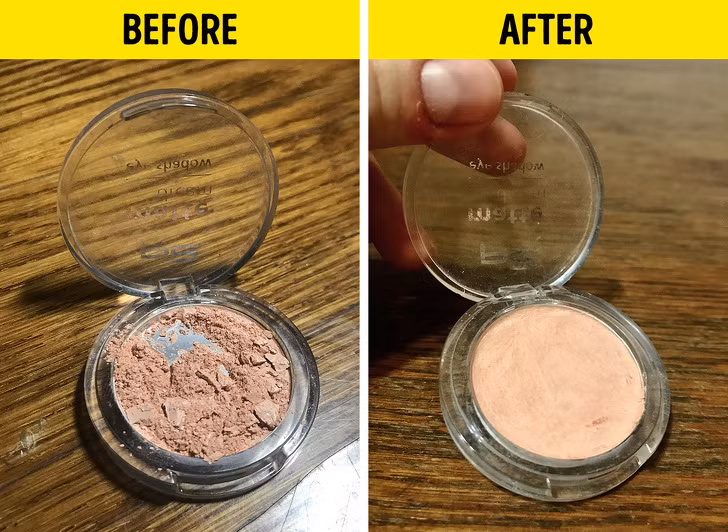 Nếu vô tình làm rơi vỡ hộp phấn mắt, phấn phủ… bạn đừng vội vứt bỏ chúng. Hãy thử cho một tẹo cồn vào, sau đó trộn và miết nhẹ cho phấn trở lại trạng thái ban đầu. Đừng quên mở nắp cho cồn bay hơi. Ảnh: BS.