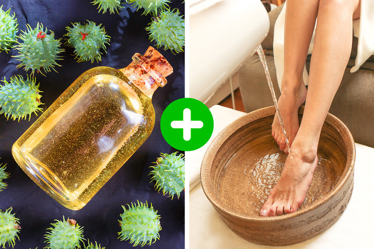 Bồn ngâm chân dầu thầu dầu: Đổ đầy một chậu nước ấm và thêm 5 muỗng canh dầu thầu dầu. Ngâm chân trong nước này trong 10 phút. Nhẹ nhàng chà da chết bằng đá bọt. Lặp lại hàng ngày.