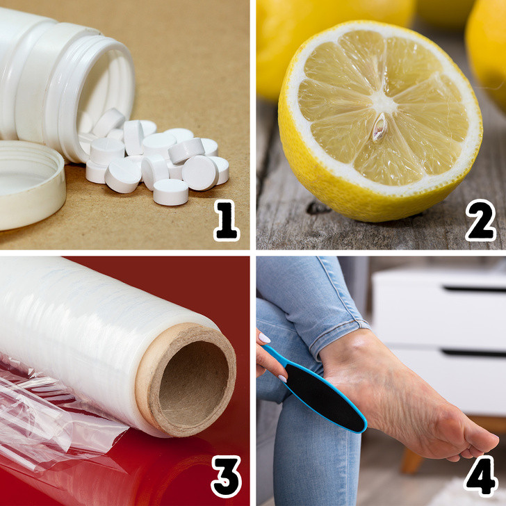 Chà chân bằng aspirin: Aspirin làm mềm da cứng hình thành vết chai và có thể làm giảm kích thước của vết chai. Nghiền thuốc aspirin thành bột rồi thêm nước chanh tạo thành bột nhão. Bôi thuốc lên gót chân rồi bọc nilon xung quanh để 10 phút. Rửa chân và nhẹ nhàng chà chúng. Lặp lại trong vài ngày.